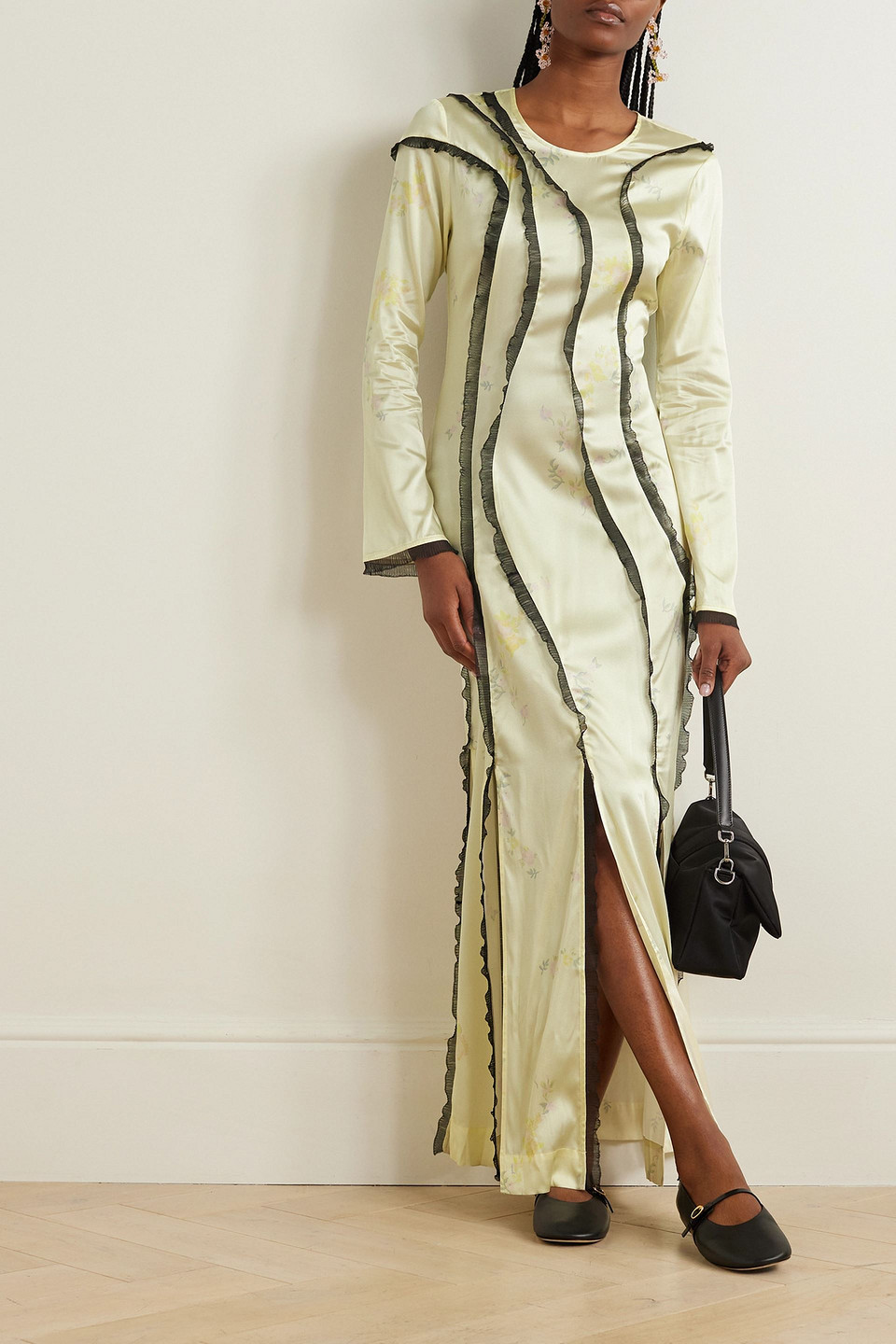 Ganni Lace-trimmed Floral-print Stretch-organic Silk-satin Maxi Dress In Pastel Yellow