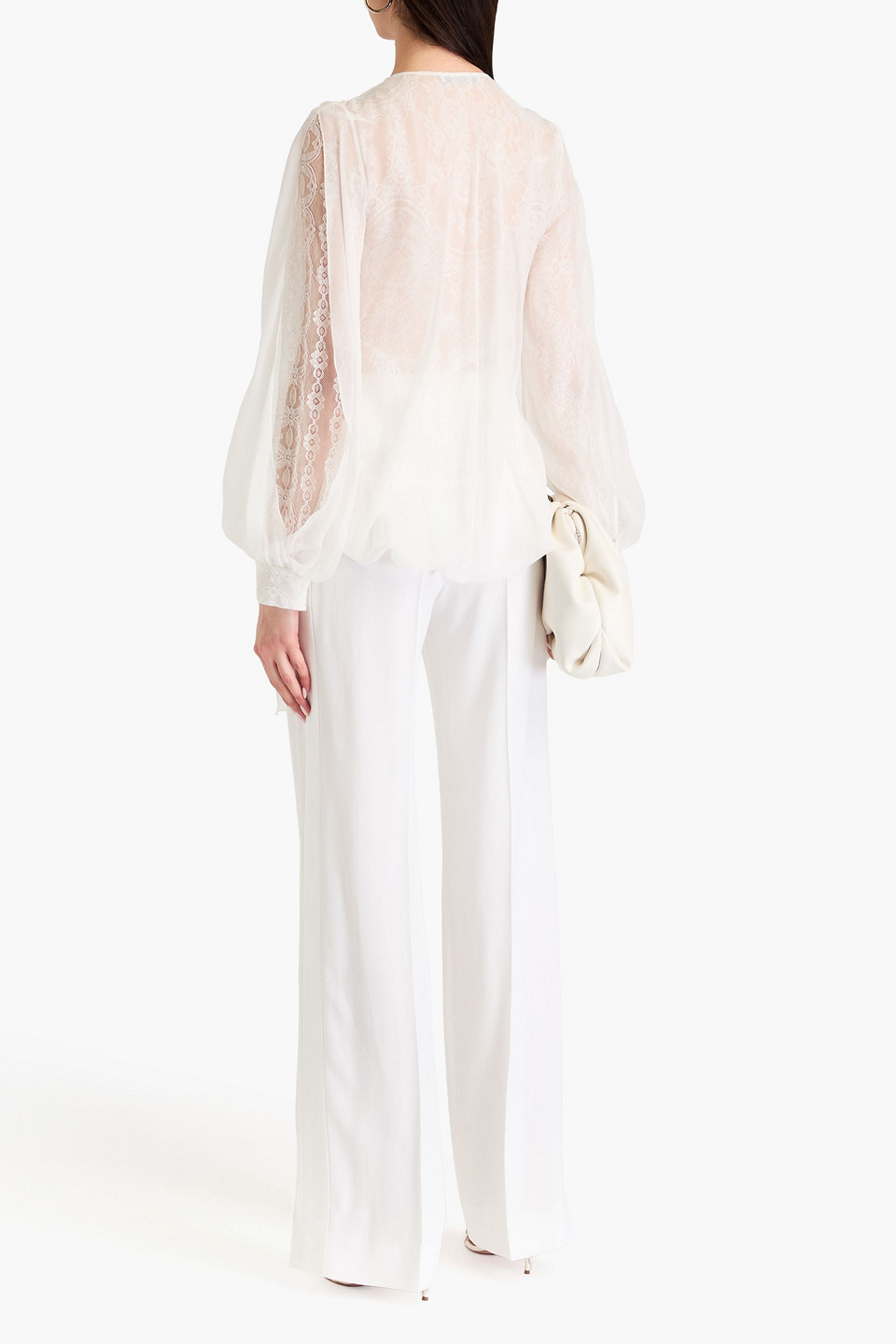 Alberta Ferretti Tie-front Layered Silk-voile And Corded Lace Blouse In Ivory