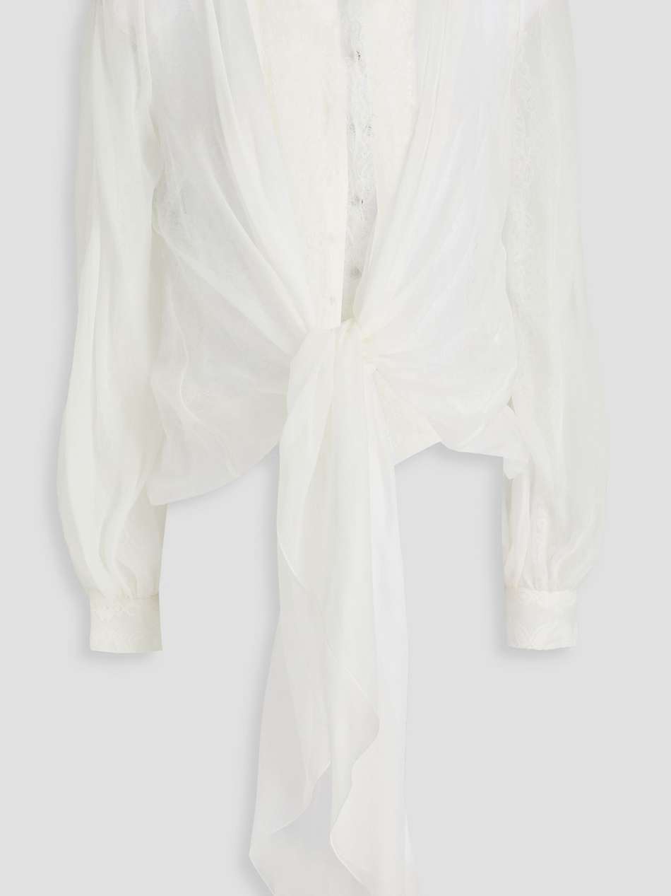 tie-front layered silk-voile and corded lace blouse
