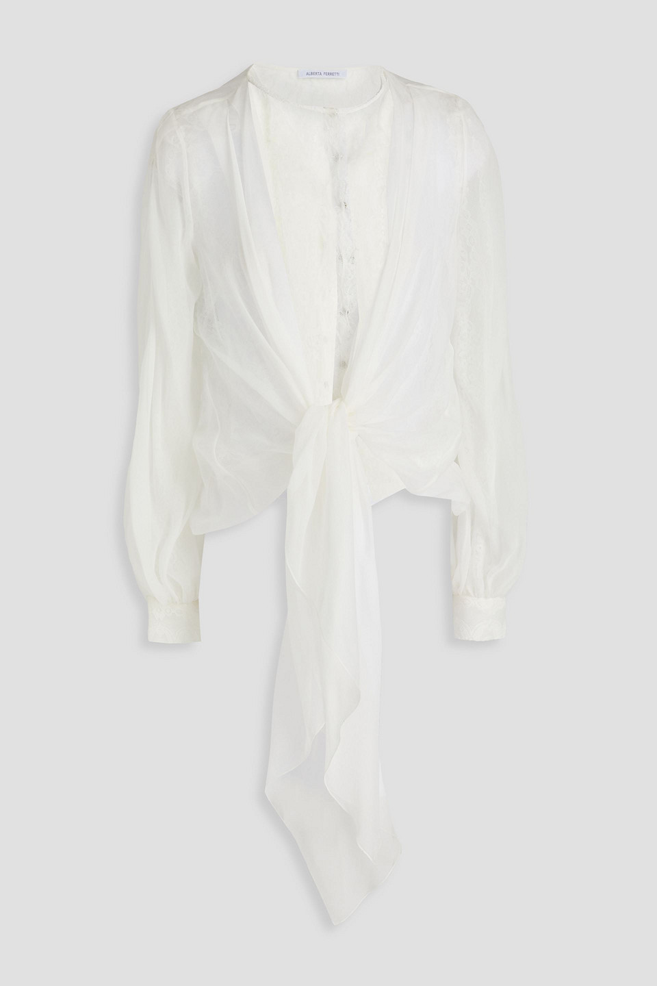 Alberta Ferretti Tie-front Layered Silk-voile And Corded Lace Blouse In Ivory
