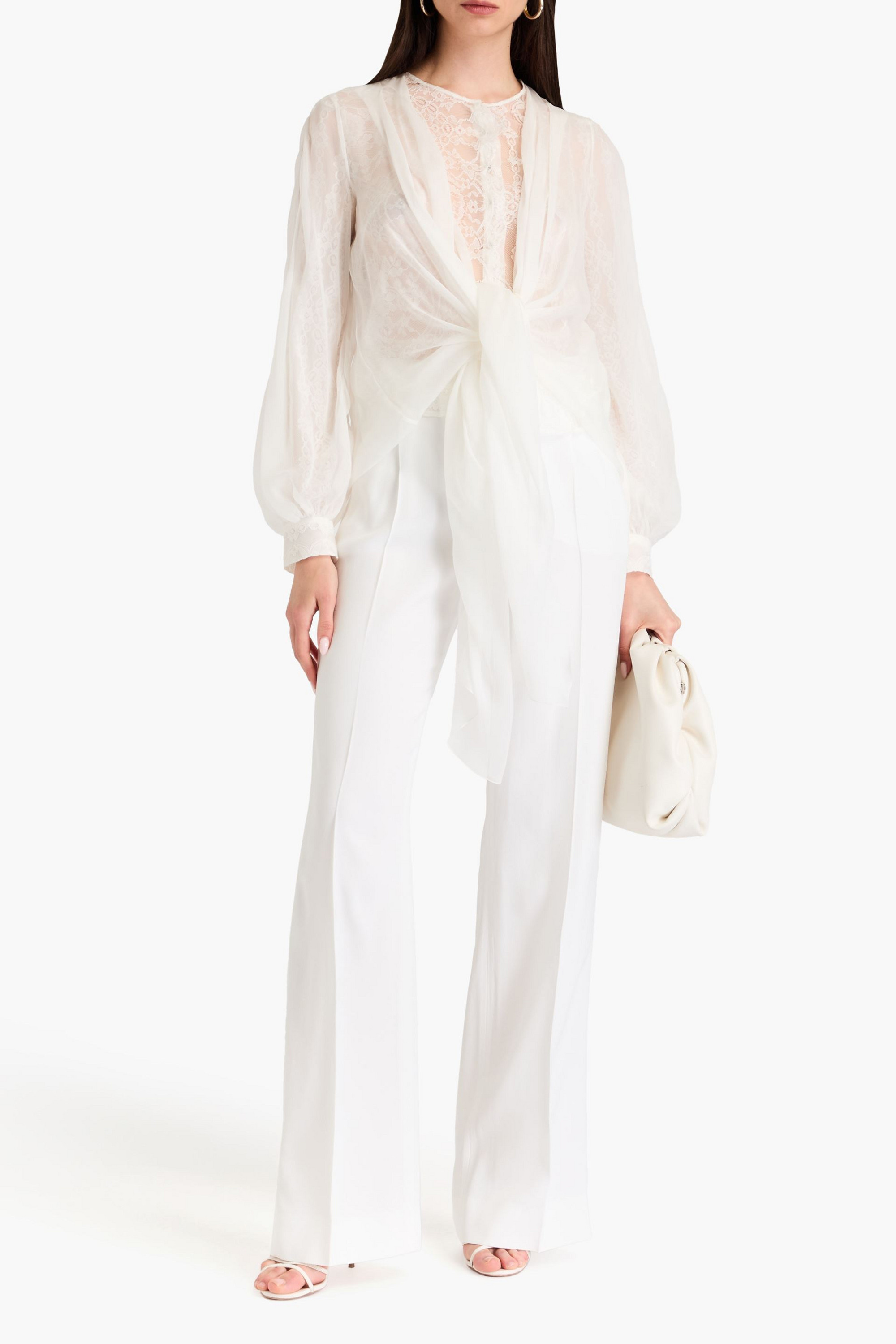 ALBERTA FERRETTI Tie-front layered silk-voile and corded lace blouse