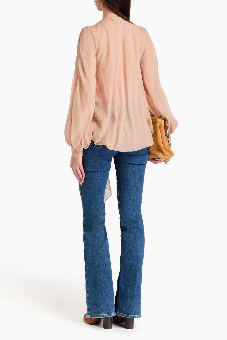 Alberta Ferretti Tie-front Layered Silk-voile And Corded Lace Blouse In Blush