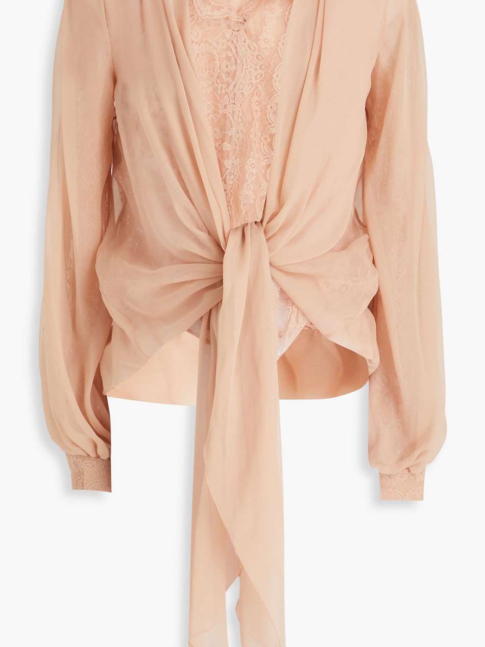 tie-front layered silk-voile and corded lace blouse