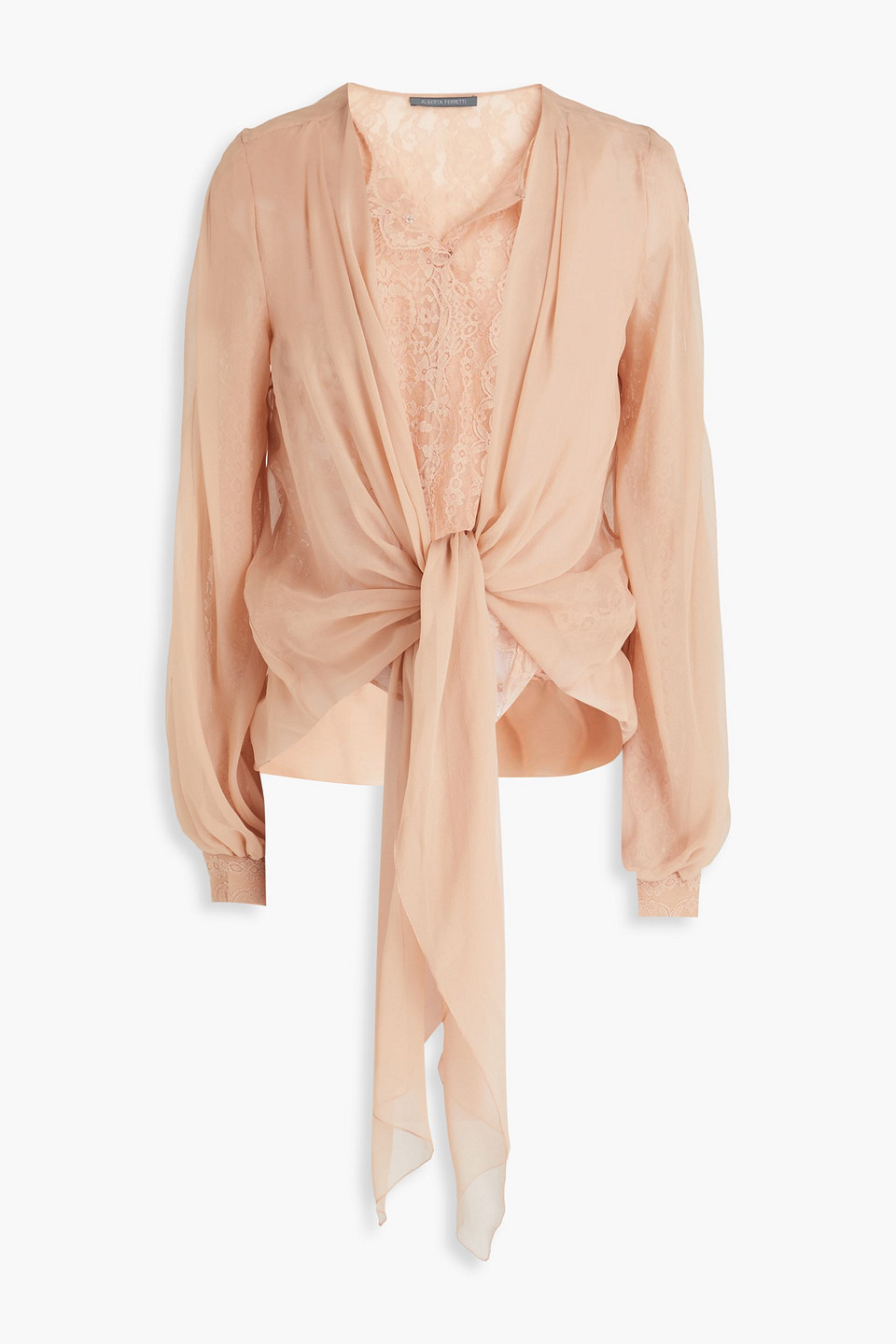 Alberta Ferretti Tie-front Layered Silk-voile And Corded Lace Blouse In Blush