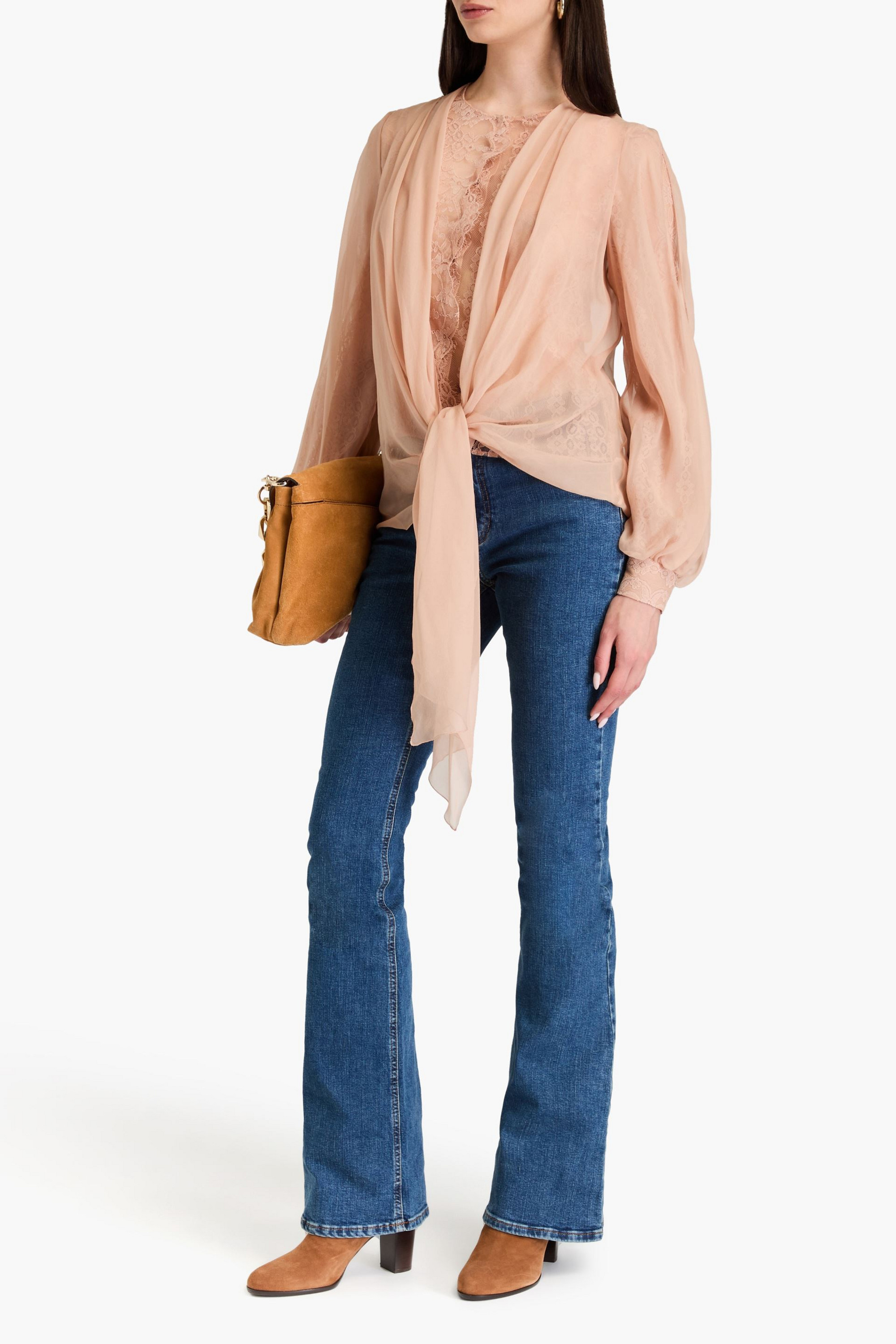 ALBERTA FERRETTI Tie-front layered silk-voile and corded lace blouse