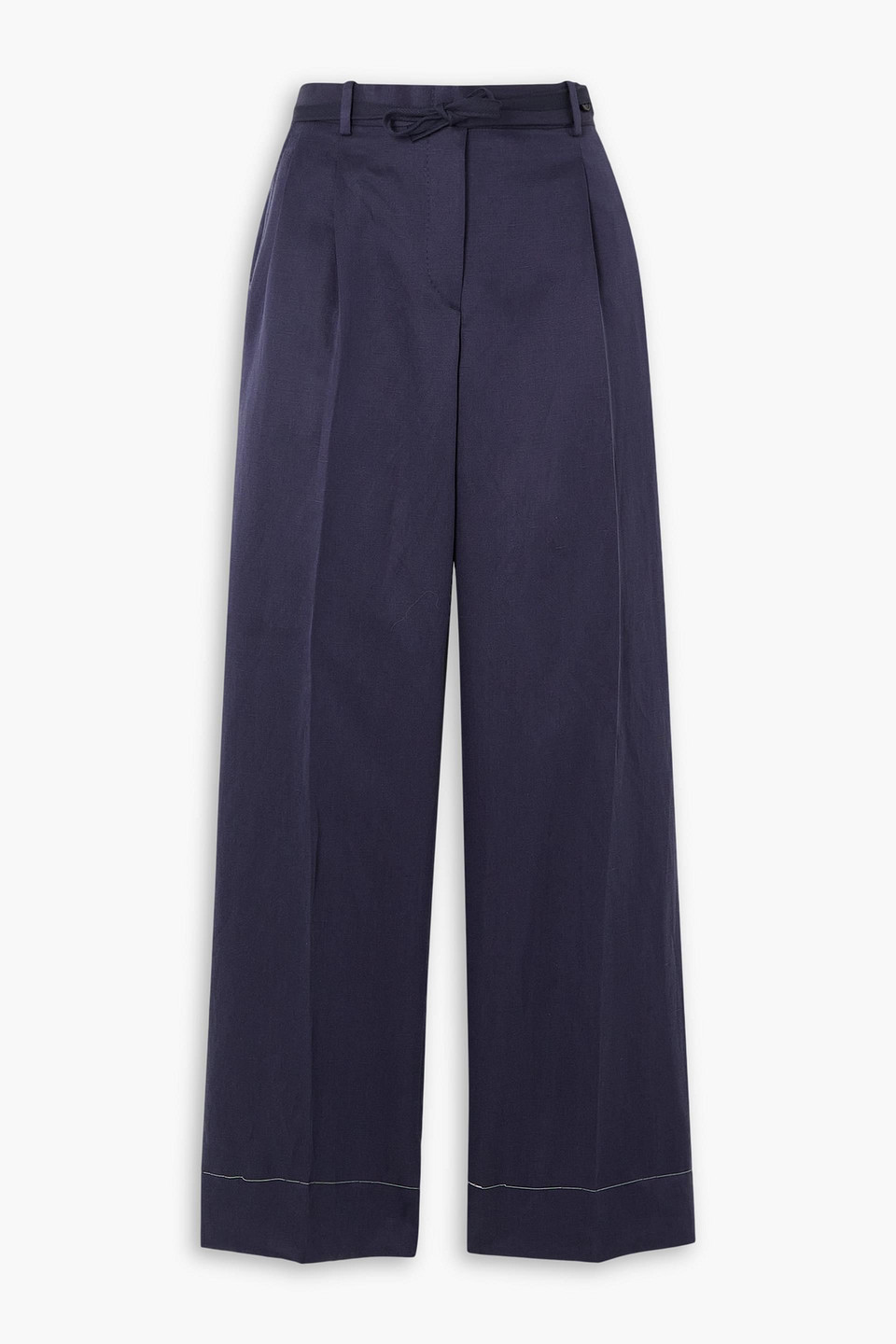Brioni Pleated Silk And Linen-blend Twill Straight-leg Pants In Navy