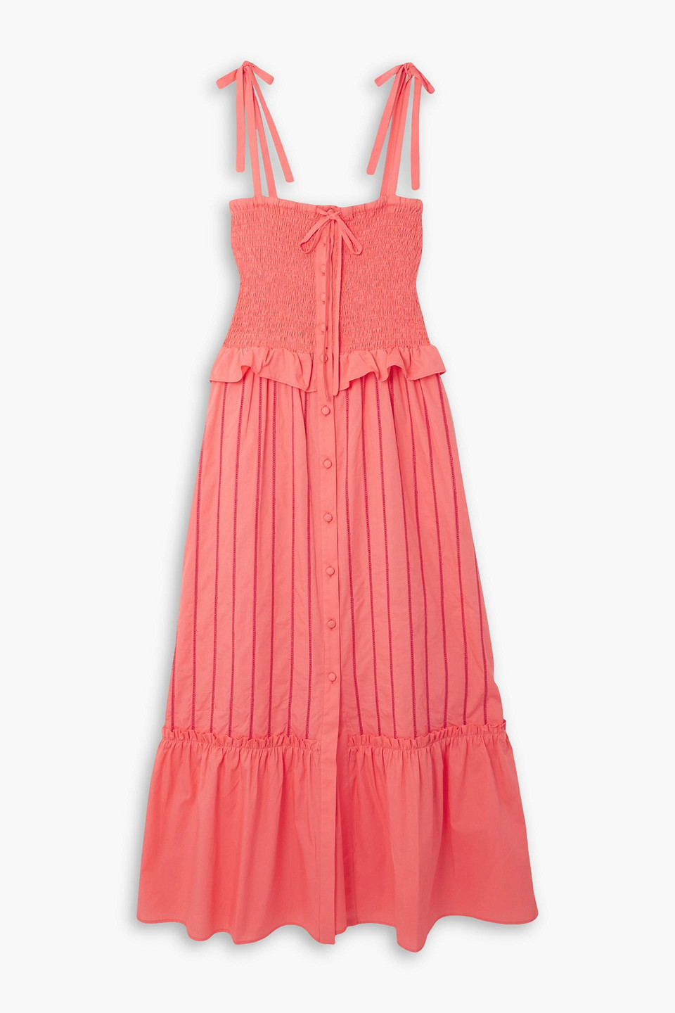 Loretta Caponi Alberica Shirred Striped Cotton-poplin Dress In Coral