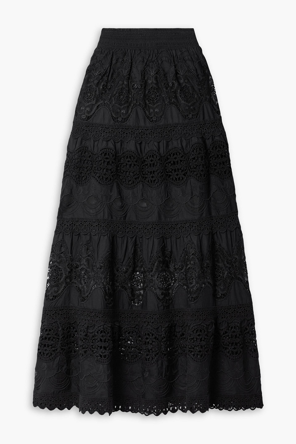 Alice And Olivia Cali Tiered Guipure Lace And Embroidered Cotton-voile Maxi Skirt In Black