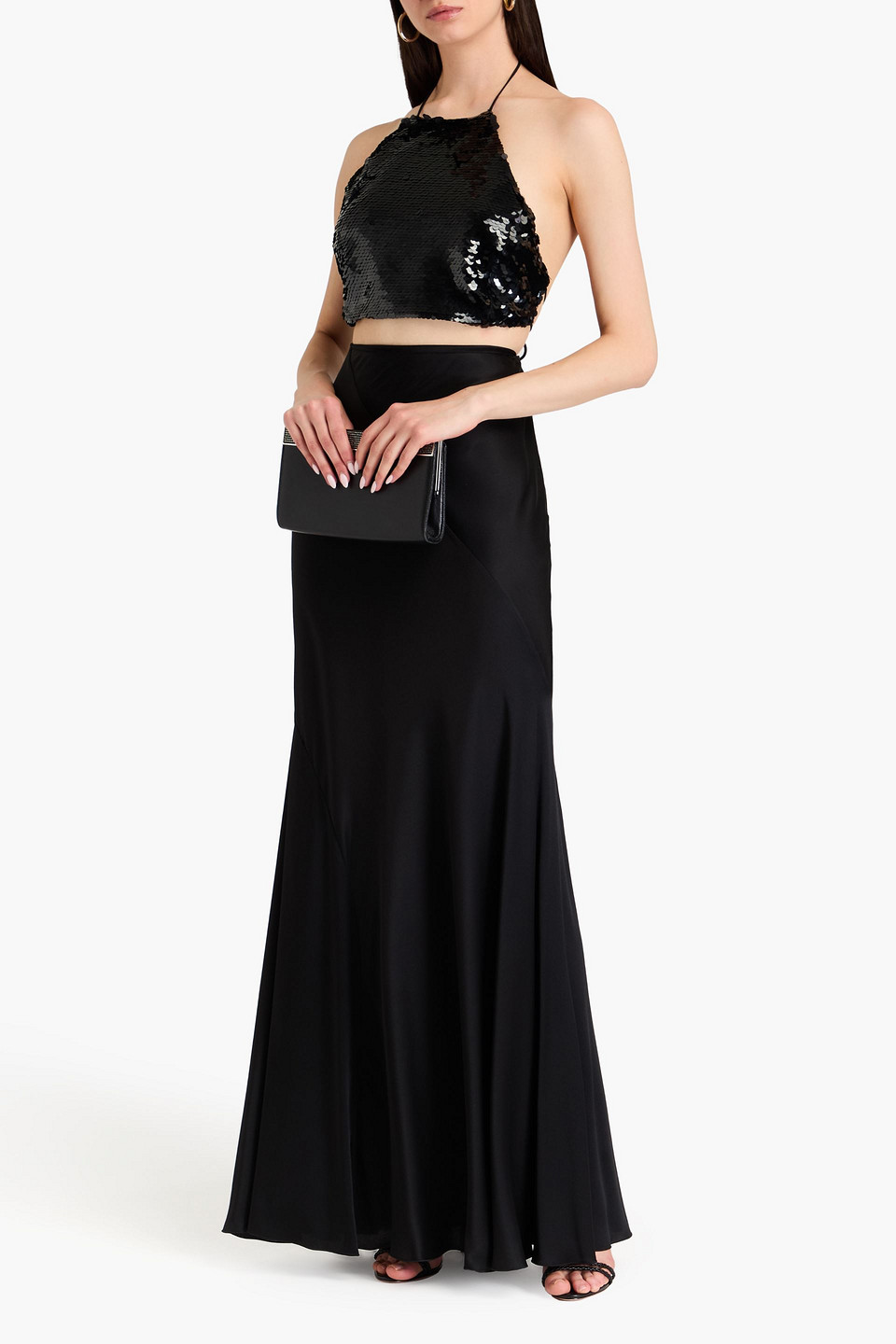 Alberta Ferretti Maxi Black Skirt With Diagonal Stitching In Silk Blend In Black