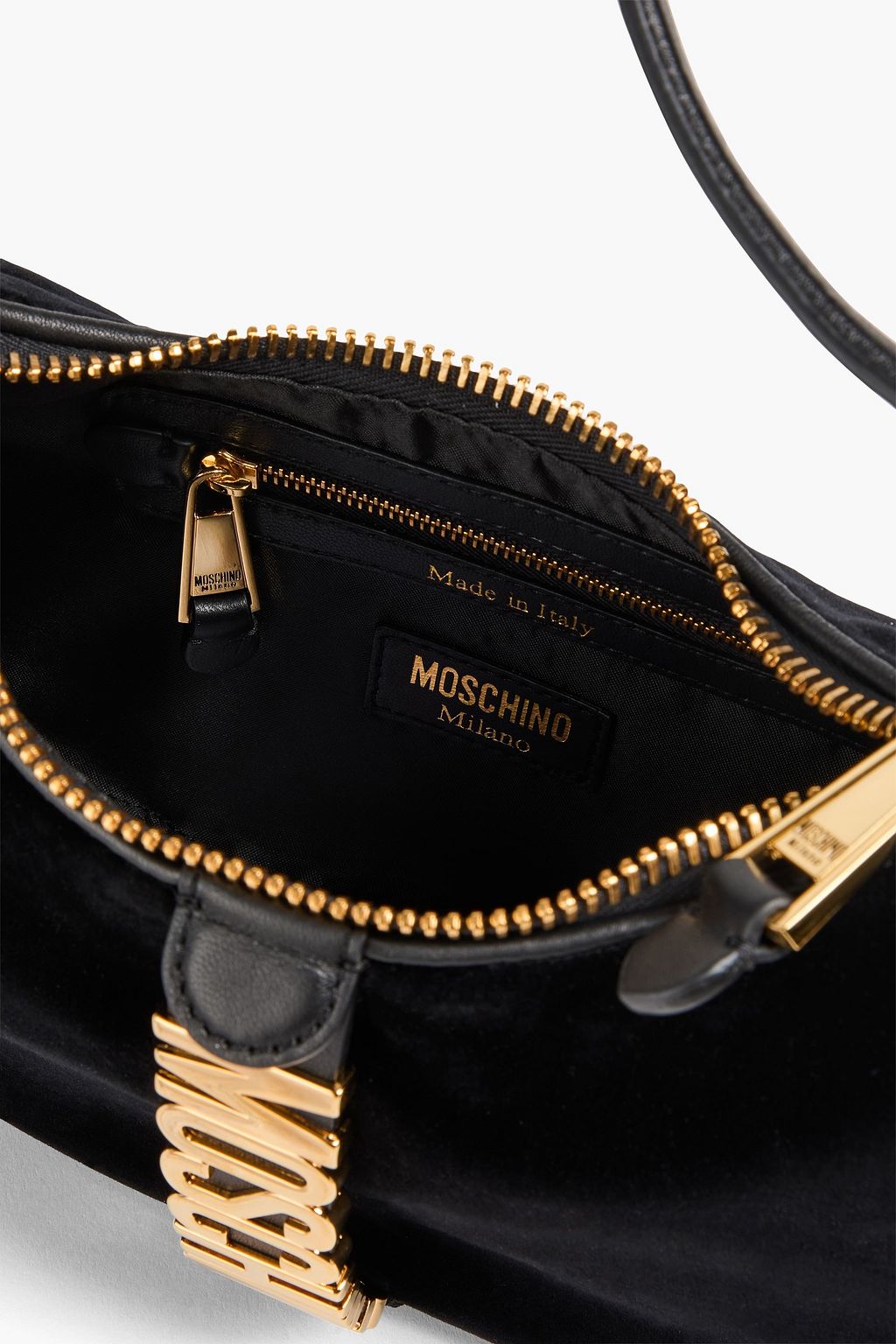 MOSCHINO حقيبة كتف من المخمل بحواف من الجلد