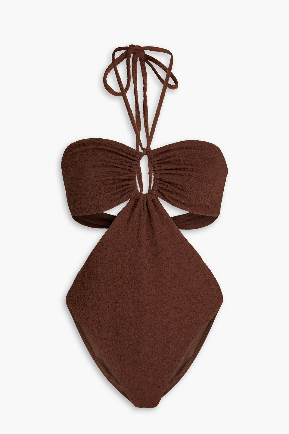 Mara Hoffman Blanca Cutout Recycled-seersucker Halterneck Swimsuit In Brown