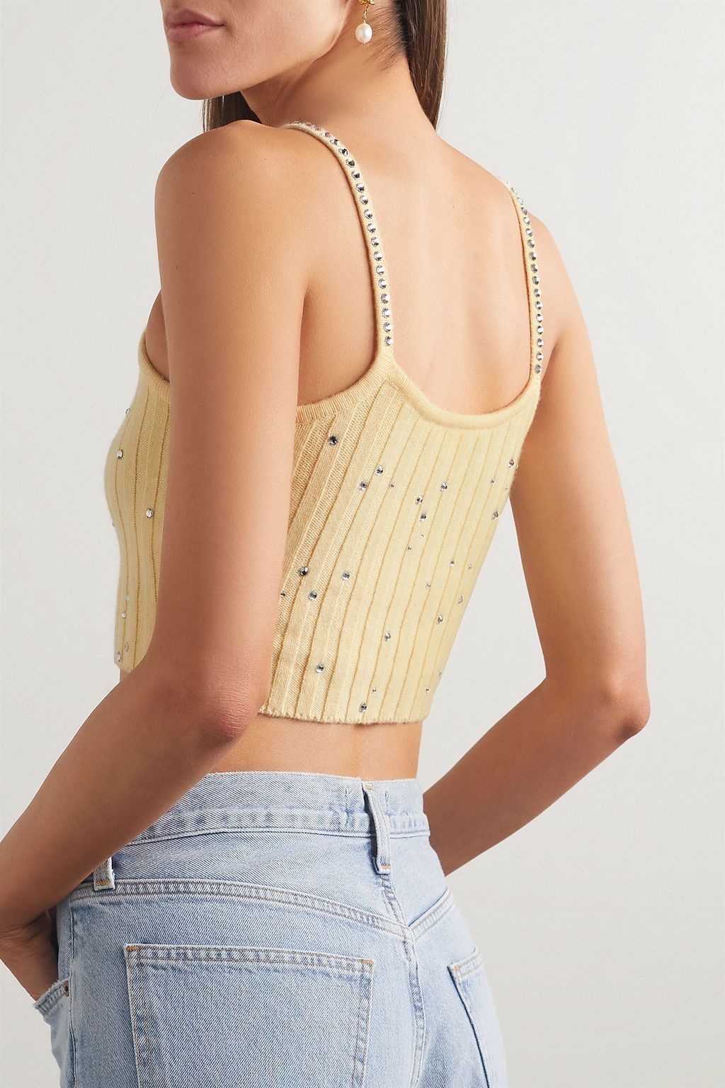 LOVESHACKFANCY بلوزة Celmira قصيرة من مزيج الصوف والكشمير المضلع مزركشة بالكريستال