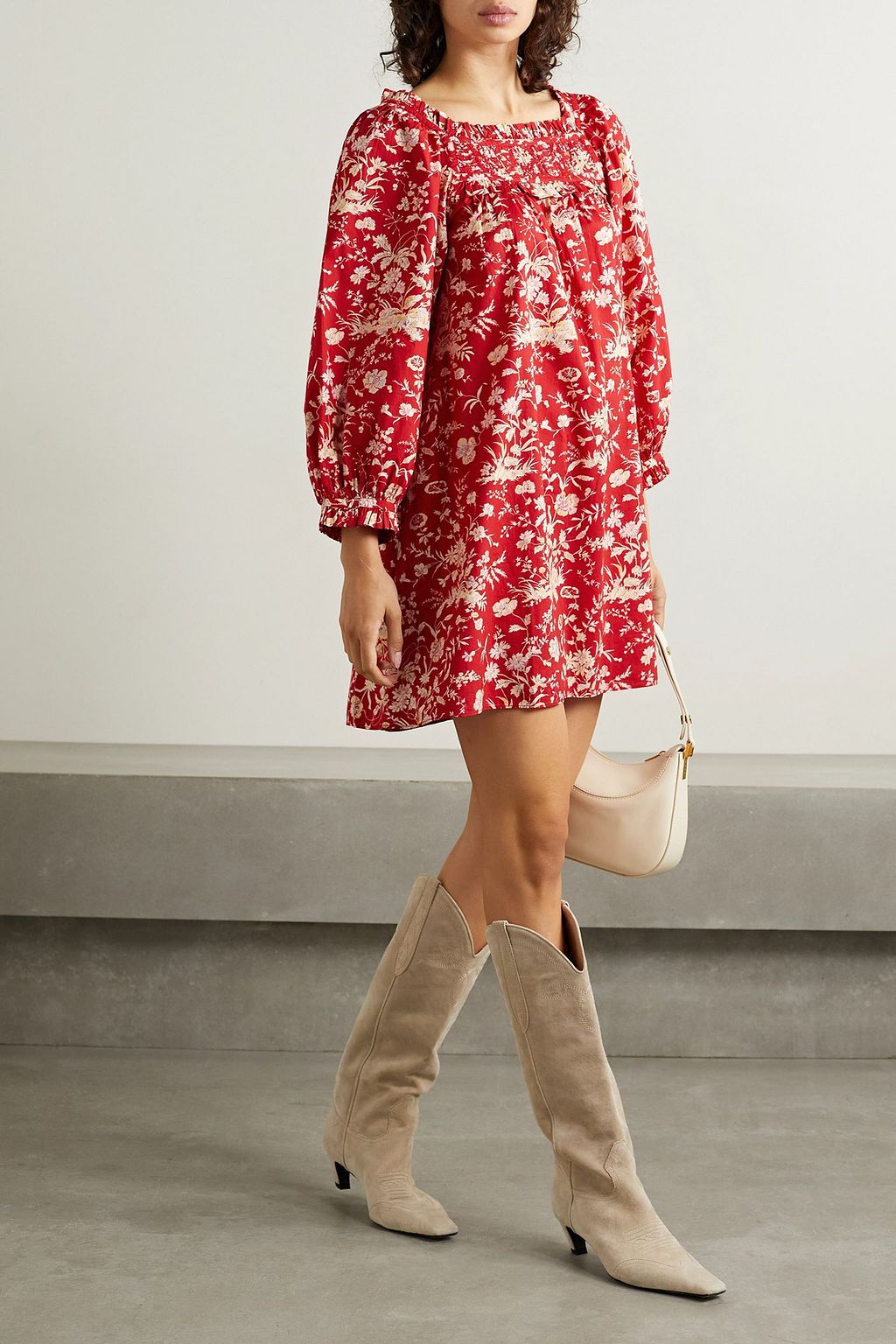 DÔEN Acton pintucked floral-print cotton-poplin mini dress