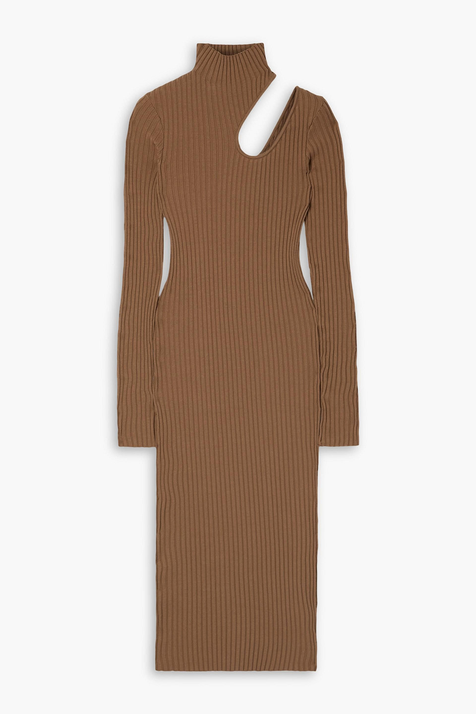 Shop Anine Bing Victoria Cutout Ribbed Cotton Turtleneck Midi Dress In Light Brown