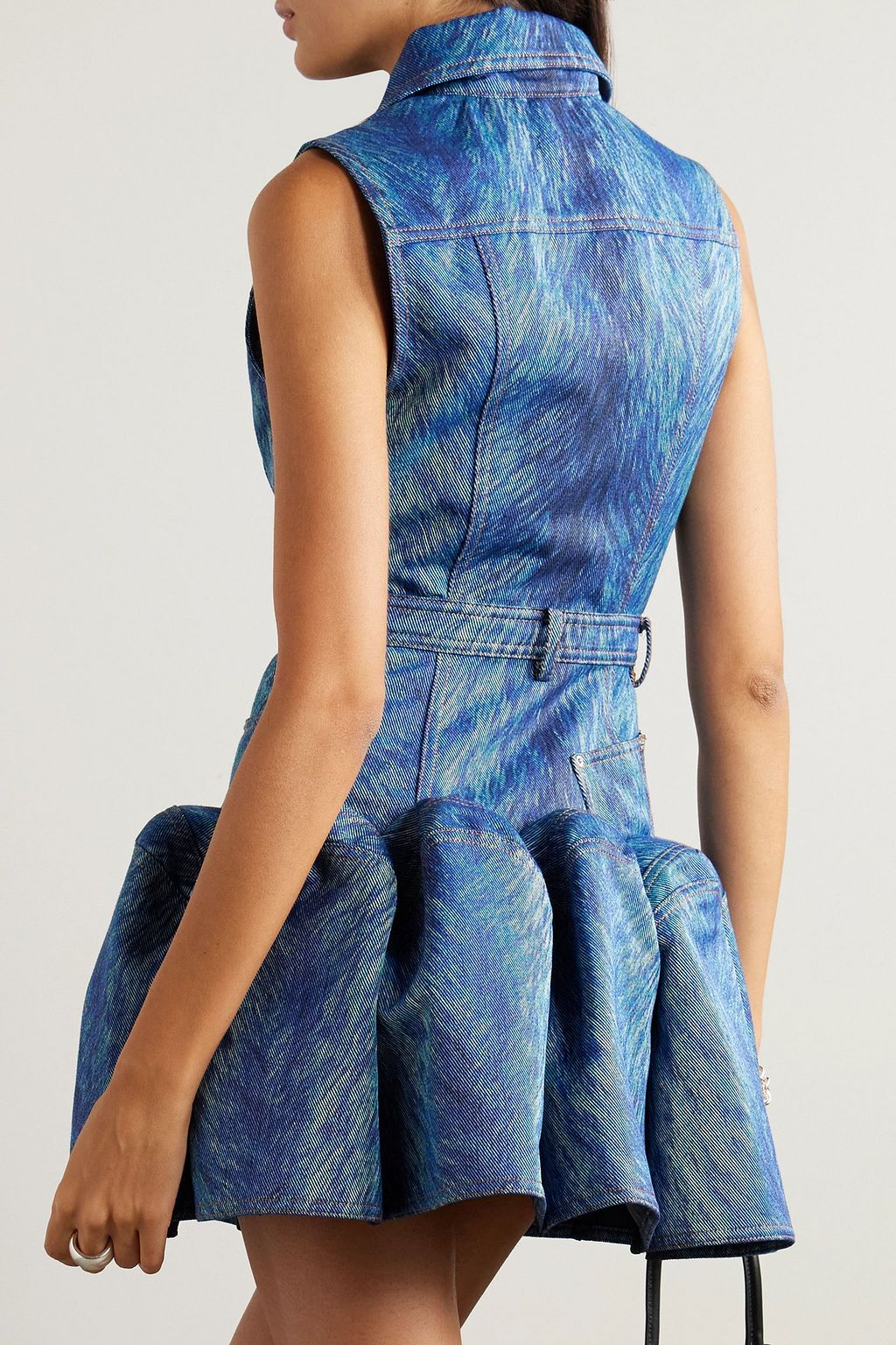 AREA Crystal-embellished printed denim mini dress