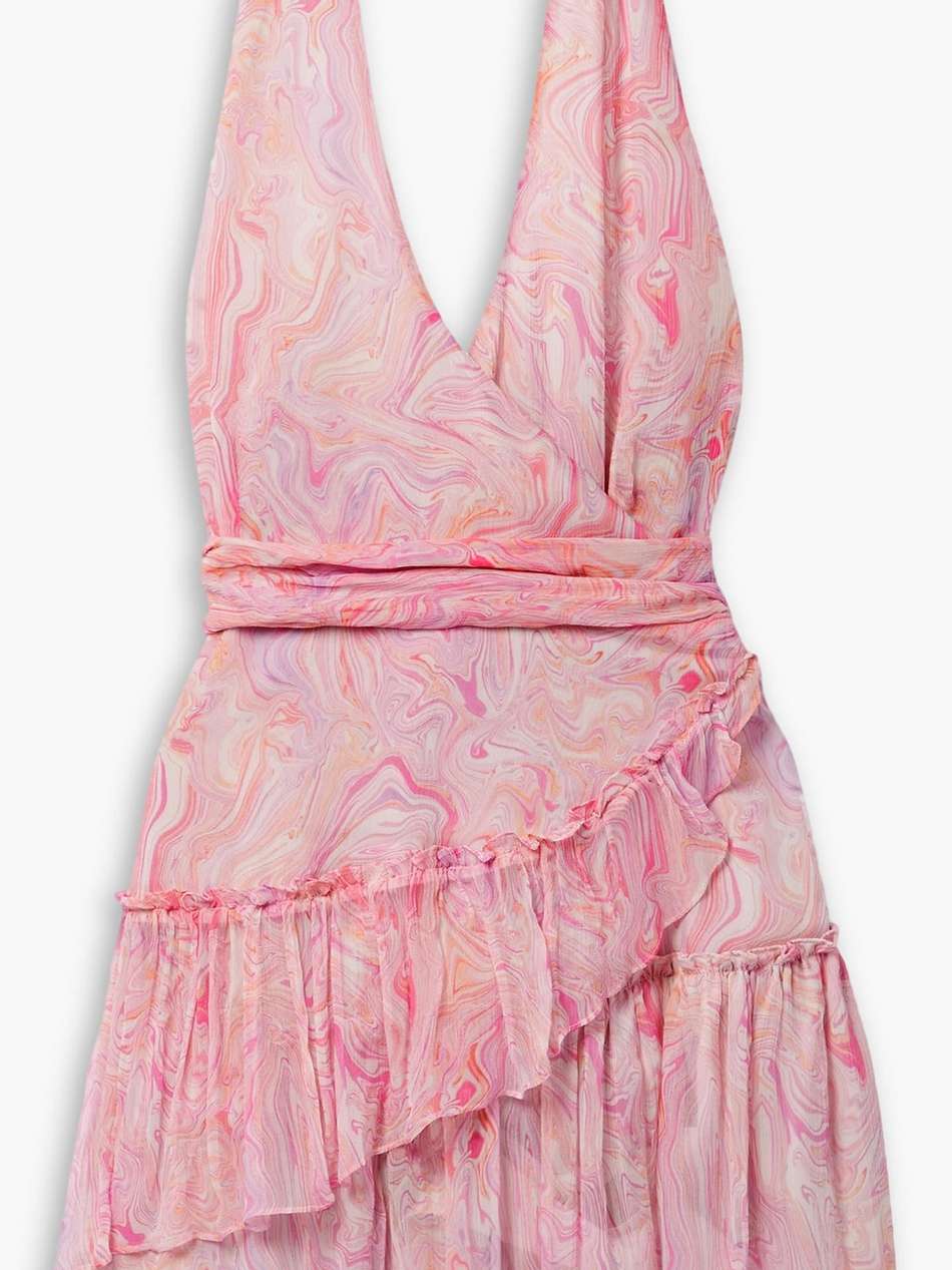 aleena tiered printed crepon halterneck mini wrap dress