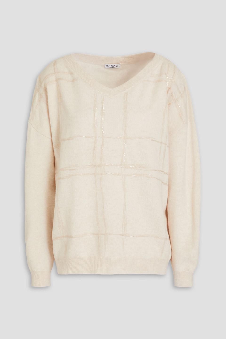 Brunello Cucinelli Embellished Wool, Cashmere And Silk-blend Sweater In Sand