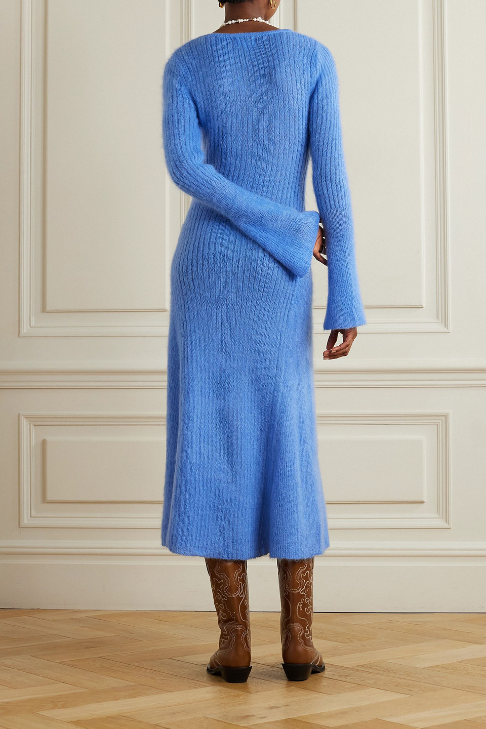 Ganni Ribbed Brushed Mohair-blend Midi Dress In Light Blue