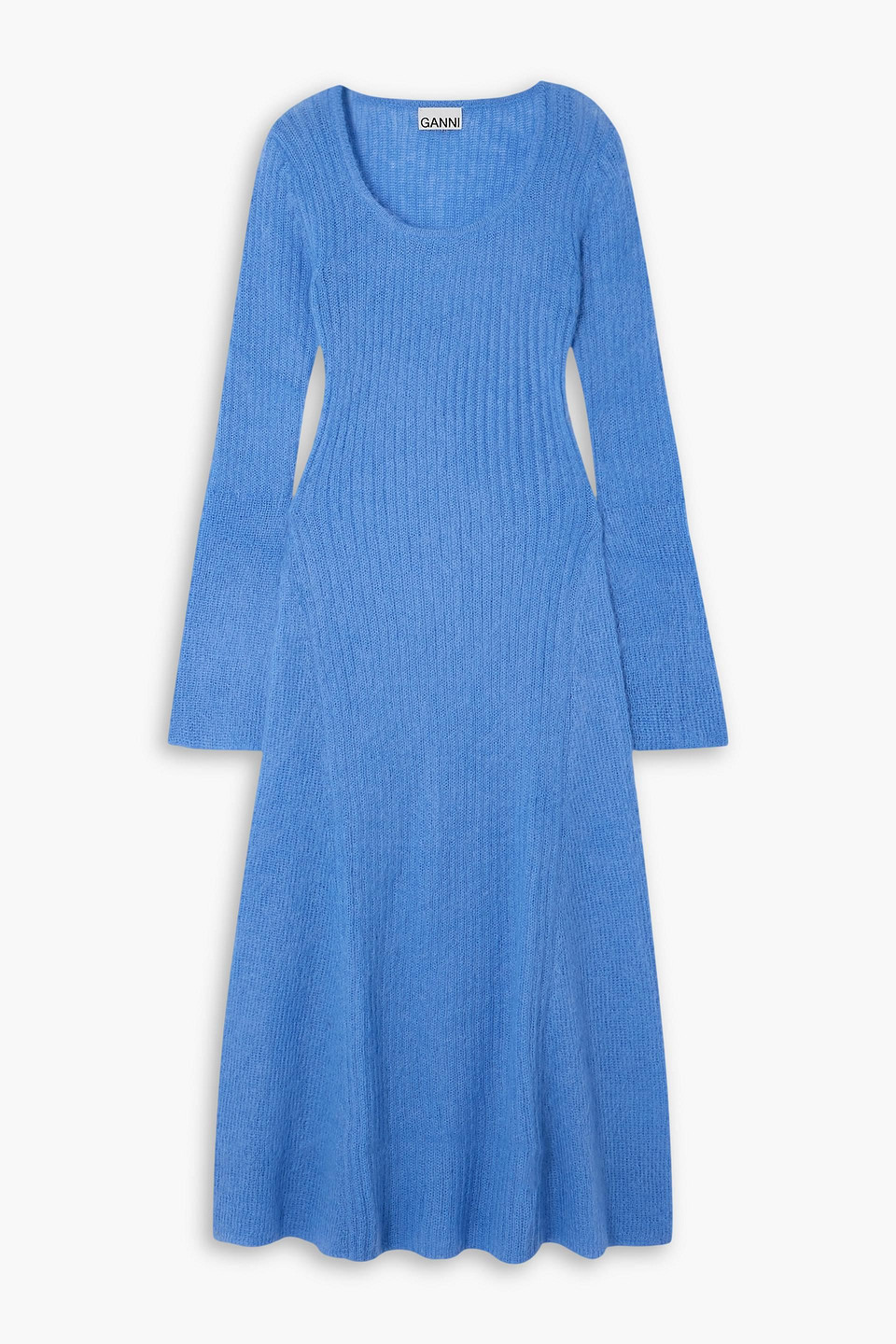 Ganni Ribbed Brushed Mohair-blend Midi Dress In Light Blue
