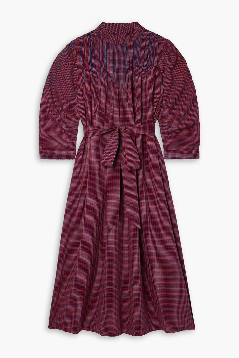Doen Ranger Belted Checked Organic Cotton-voile Midi Dress In Burgundy |  ModeSens