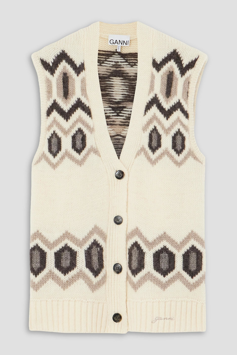 Ganni Oversized Embroidered Intarsia-knit Organic Wool Vest In Ivory