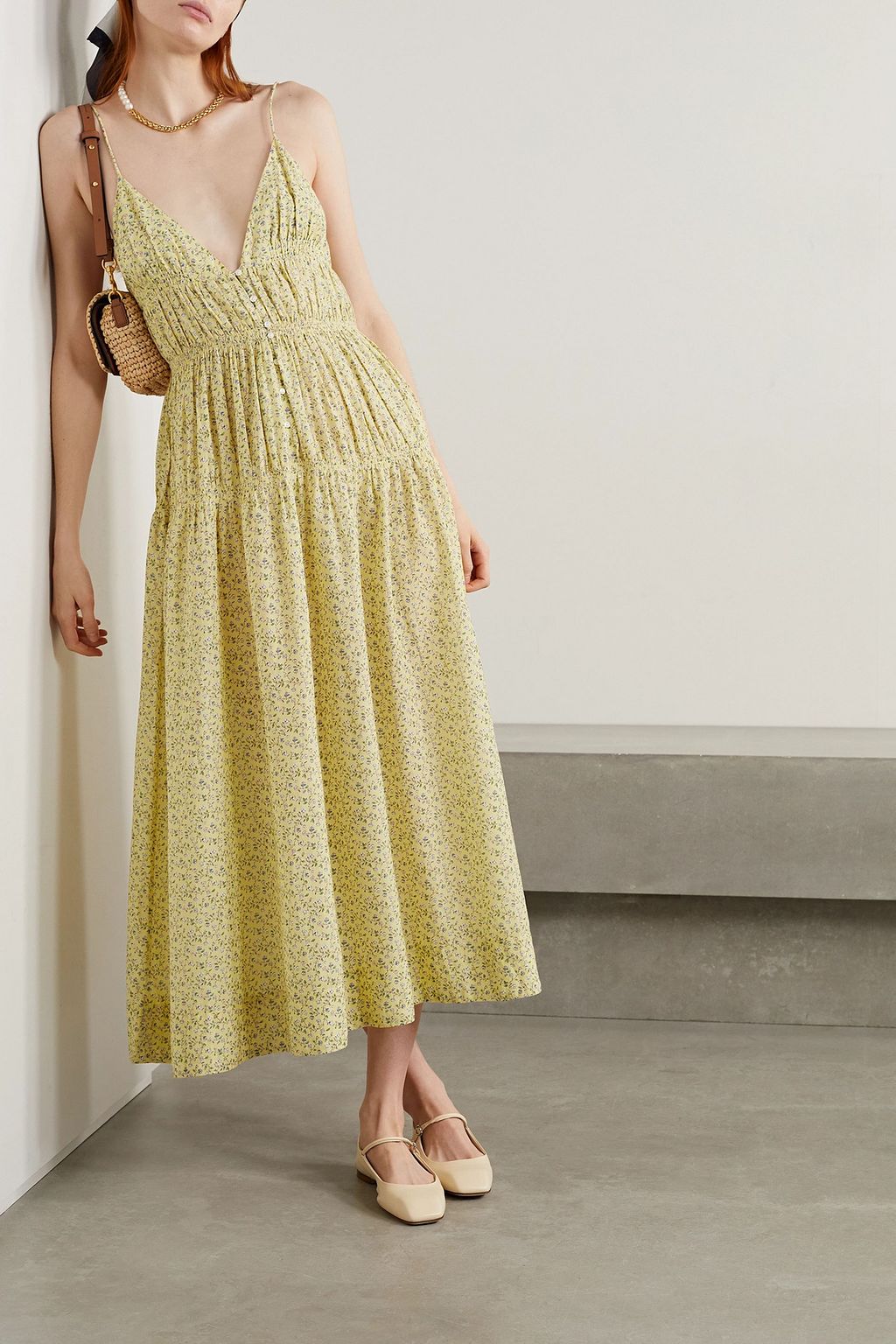 DÔEN Irina gathered floral-print organic cotton midi dress