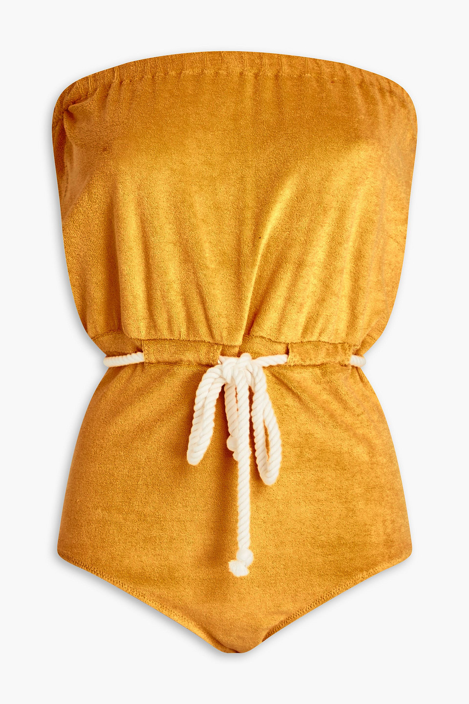 Lisa Marie Fernandez Victor Strapless Rope-detailed Stretch-cotton Terry Swimsuit In Saffron