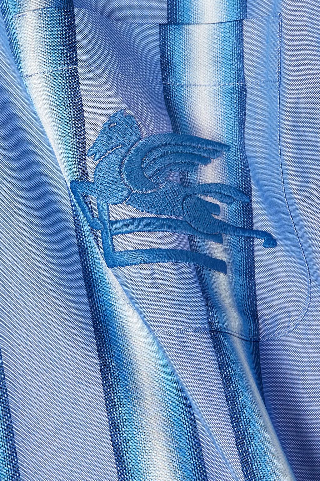 ETRO 오프 더 숄더 자수 스트라이프 코튼 실크 혼방 미니 셔츠 드레스