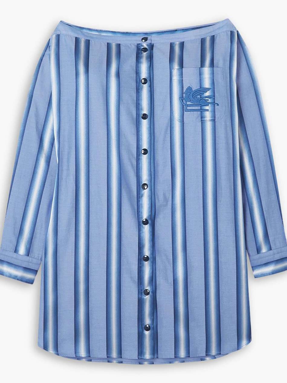 off-the-shoulder embroidered striped cotton and silk-blend mini shirt dress