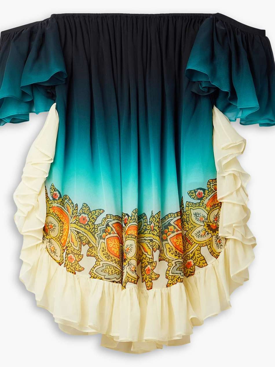 off-the-shoulder printed silk-chiffon mini dress