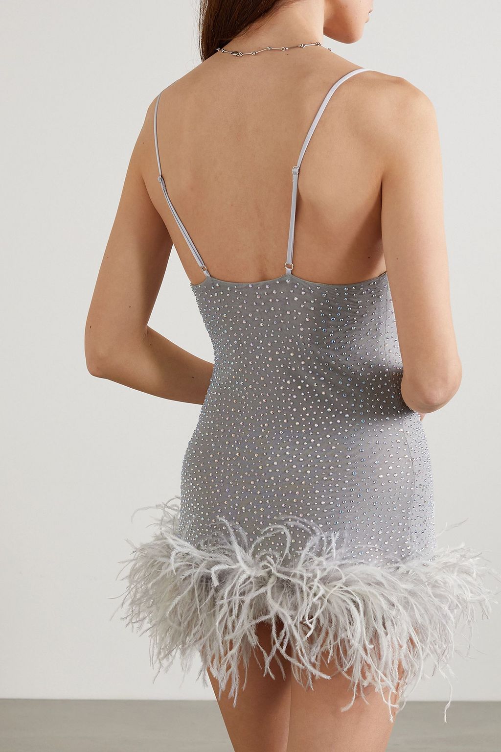 LESLIE AMON Laurie feather-trimmed crystal-embellished stretch-jersey mini dress