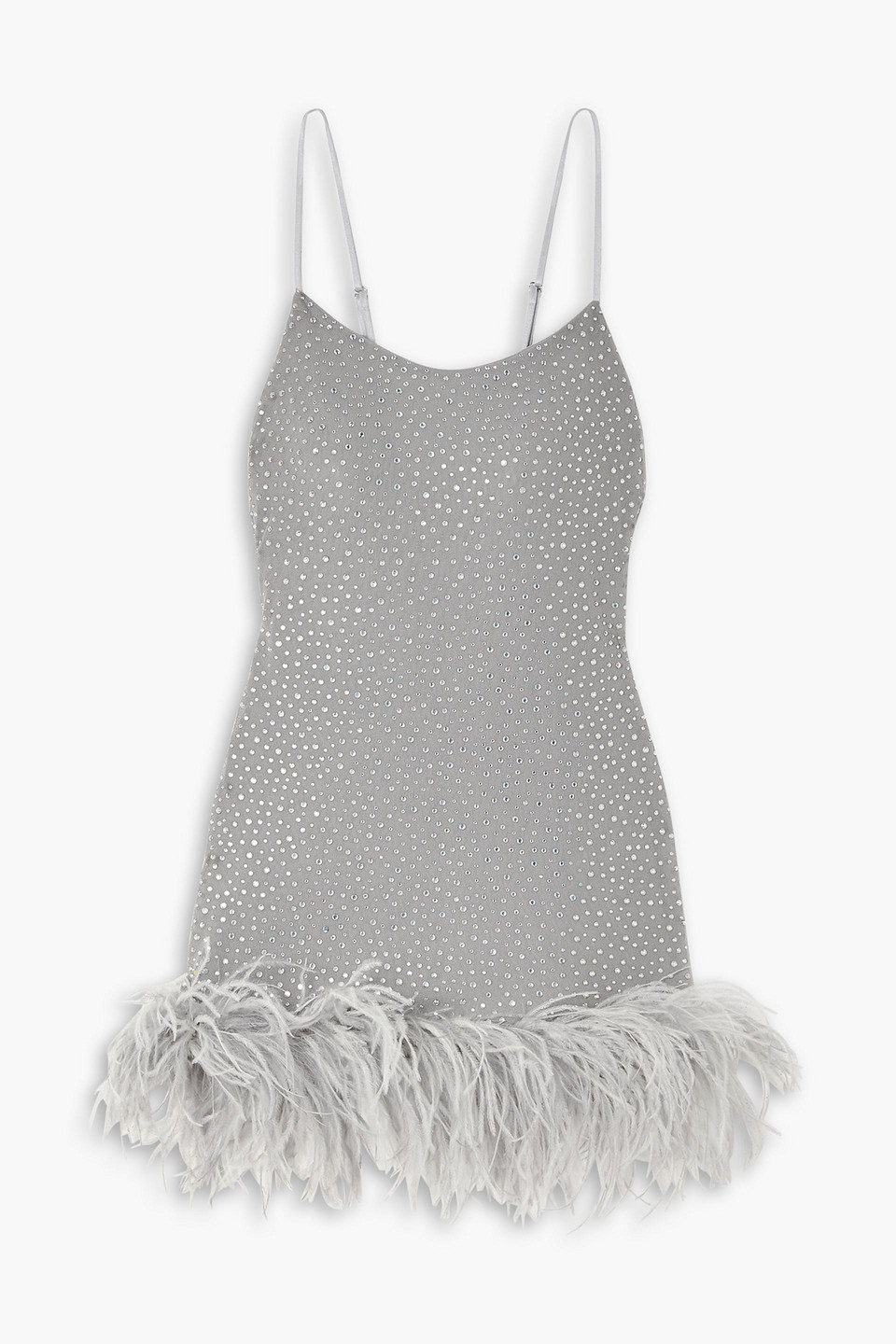 Leslie Amon Laurie Feather-trimmed Crystal-embellished Stretch-crepe Mini Dress In Gray