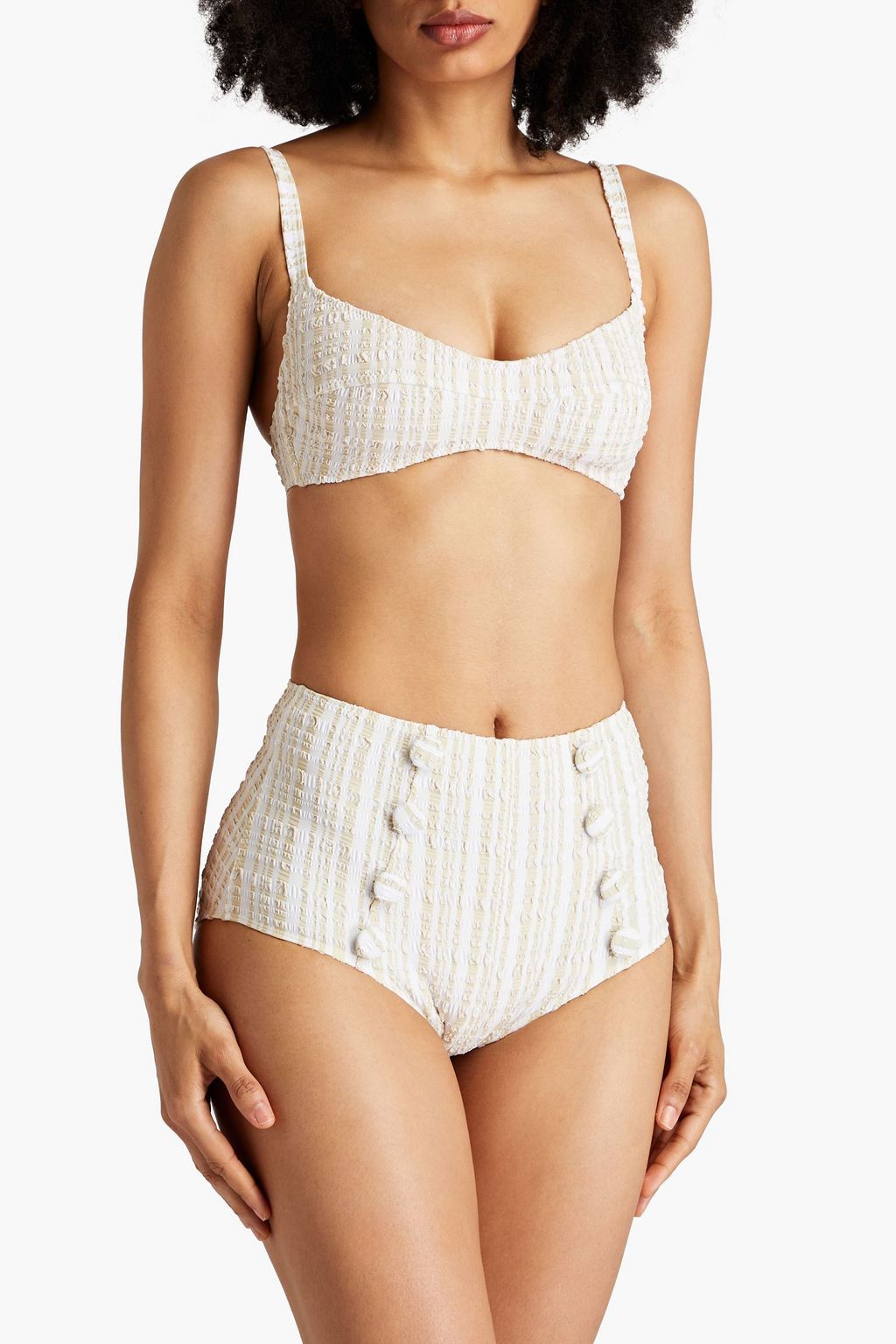 LISA MARIE FERNANDEZ Button-embellished striped seersucker bikini