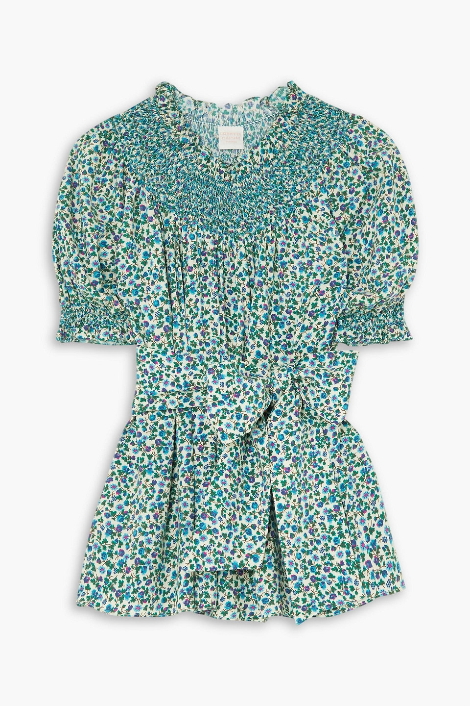 Loretta Caponi Maria Belted Embroidered Floral-print Woven Top In Azure