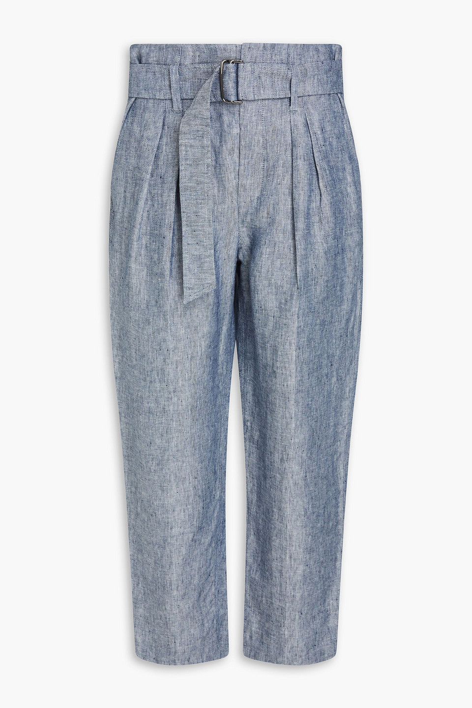 Brunello Cucinelli Belted Cropped Herringbone Hemp And Linen-blend Tapered Trousers In Blue