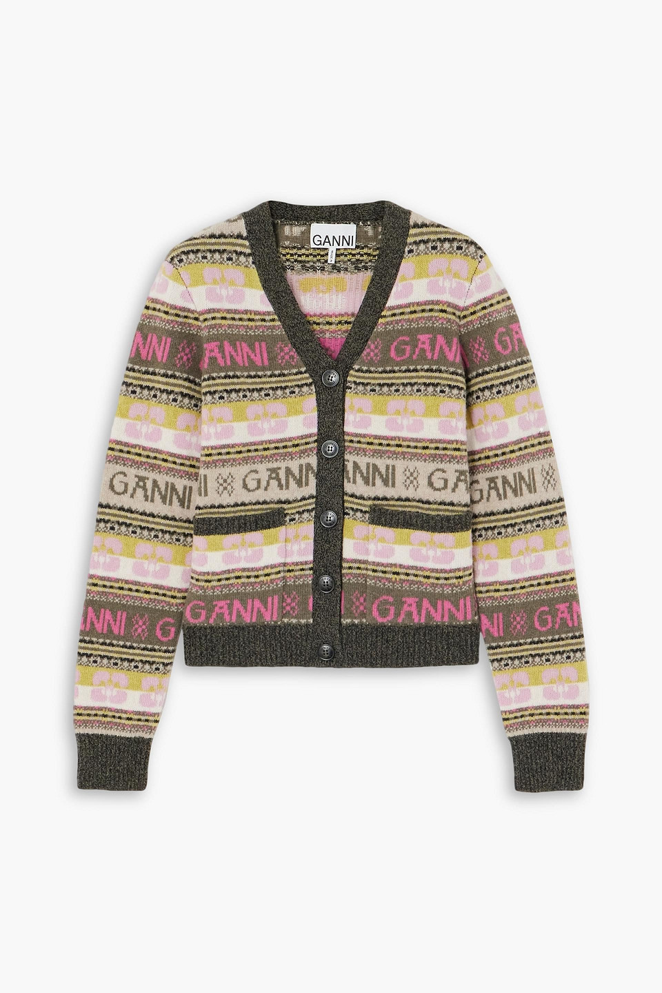 ganni - intarsia-knit wool-blend cardigan - green - xxxl