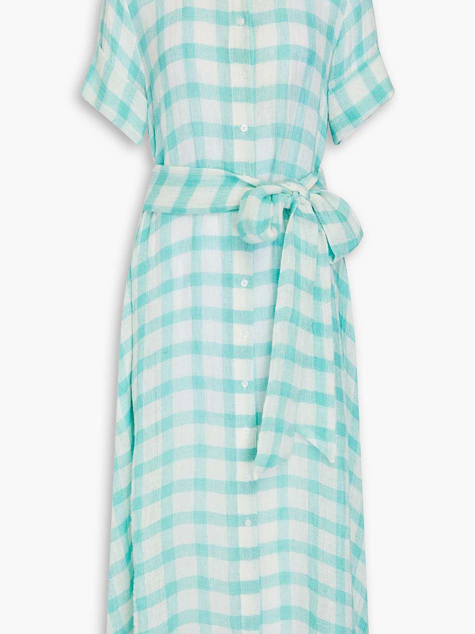 belted checked linen-blend gauze midi shirt dress