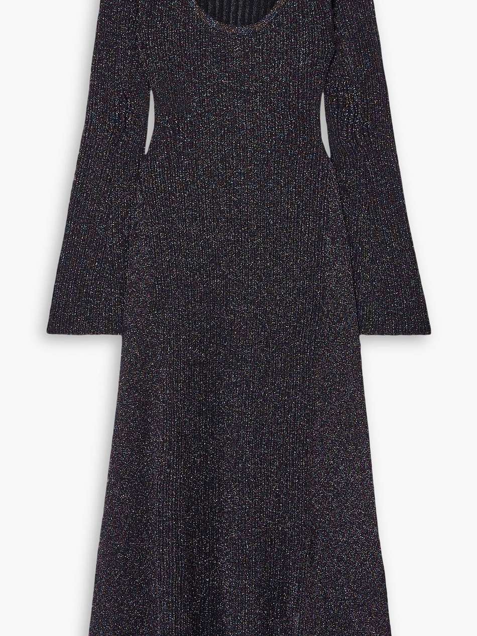 metallic ribbed-knit midi dress