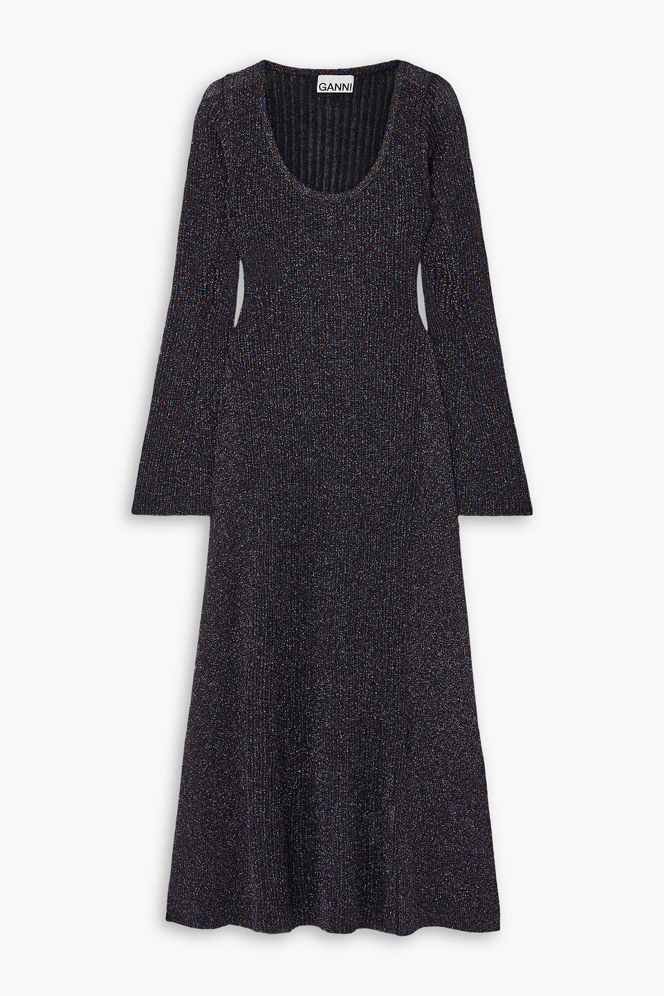 Ganni Metallic Recycled Ribbed-knit Midi Dress In Midnight Blue