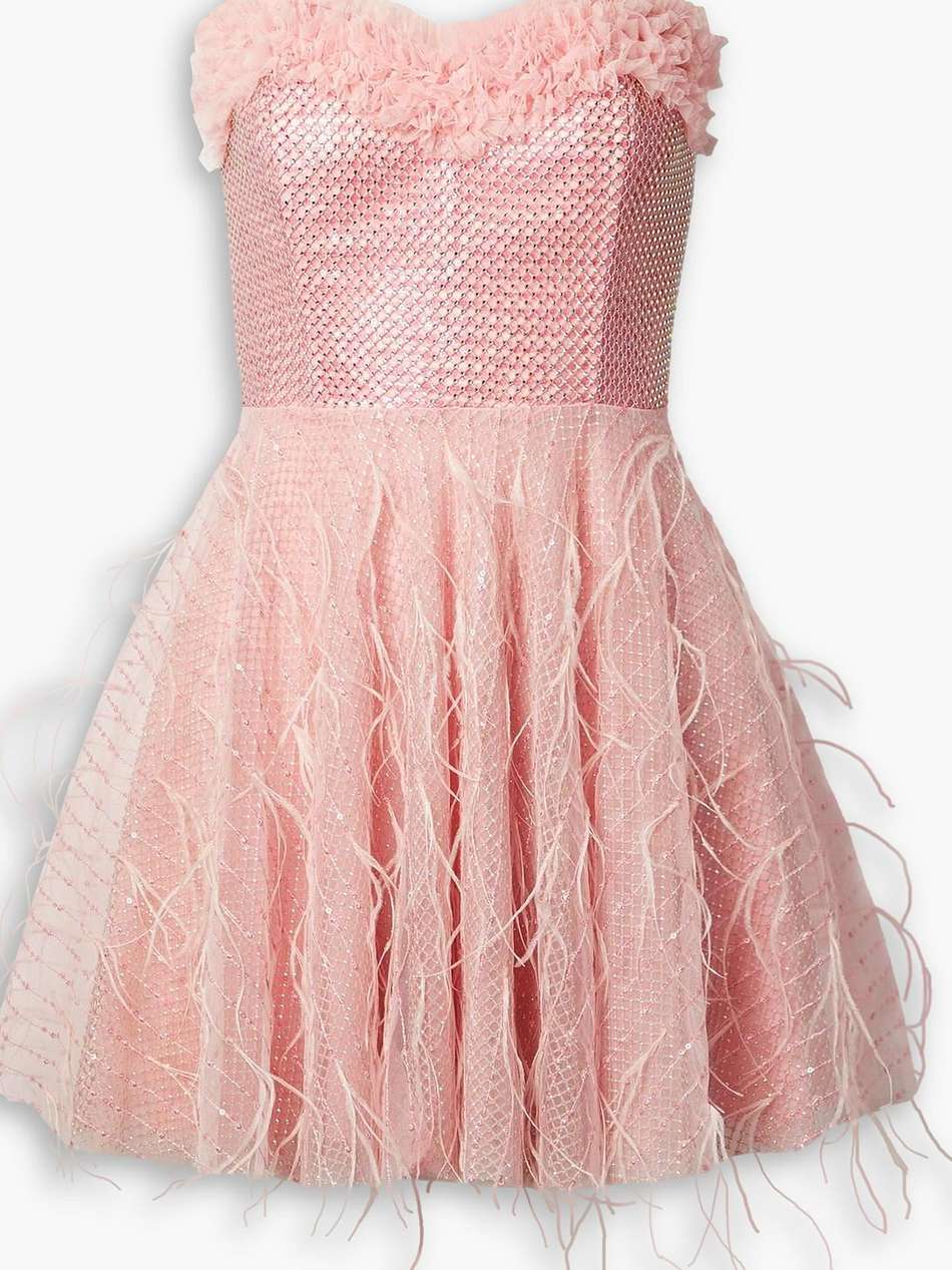 marvella strapless feather-trimmed tulle mini dress