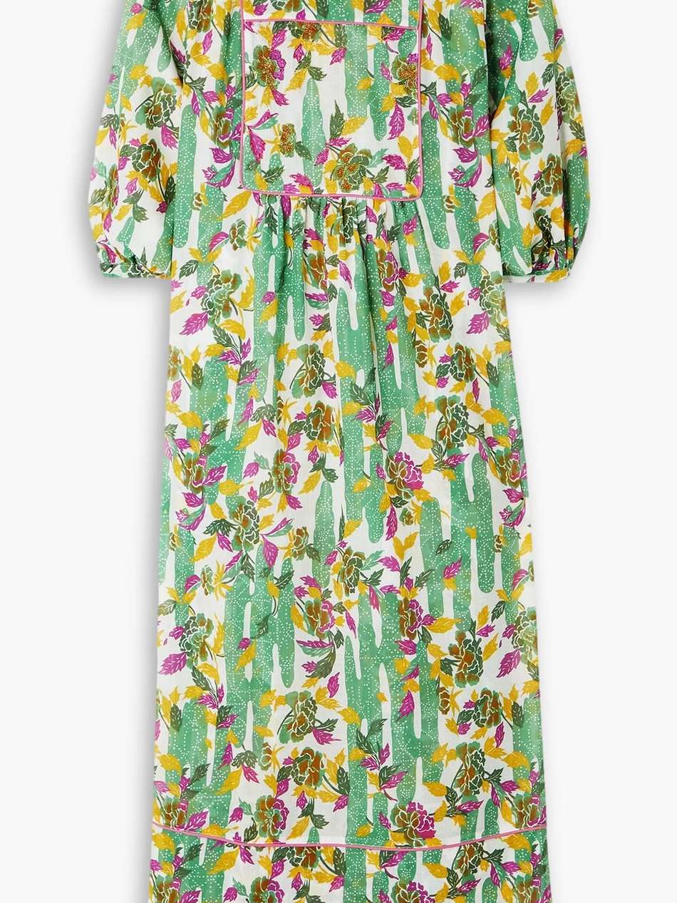 ariel metallic embroidered floral-print cotton-voile maxi dress