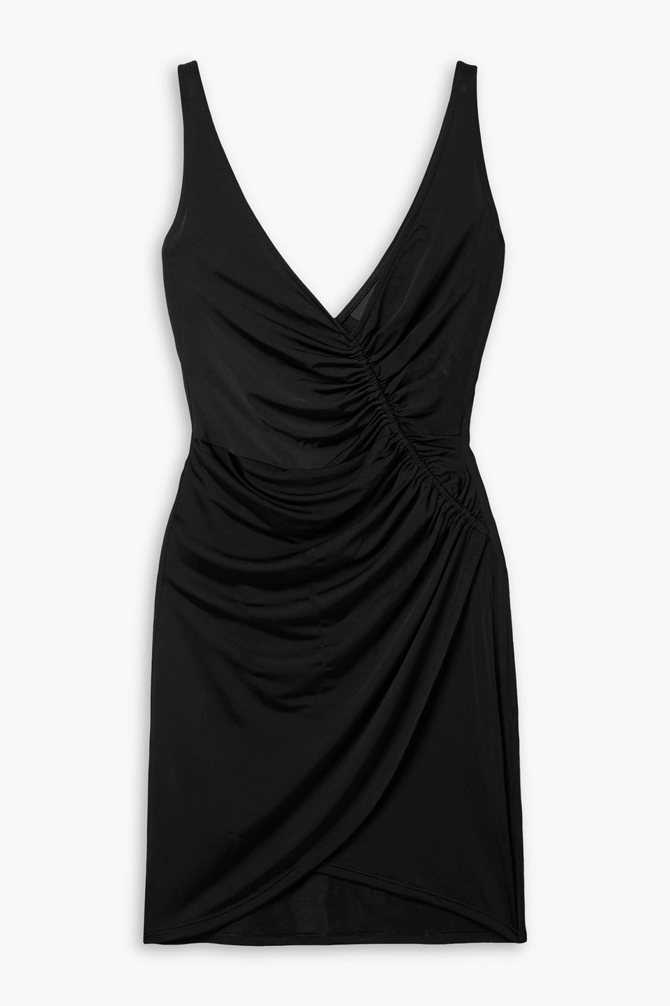 Louisa Ballou Summer Solstice Ruched Wrap-effect Stretch-jersey Mini Dress In Black
