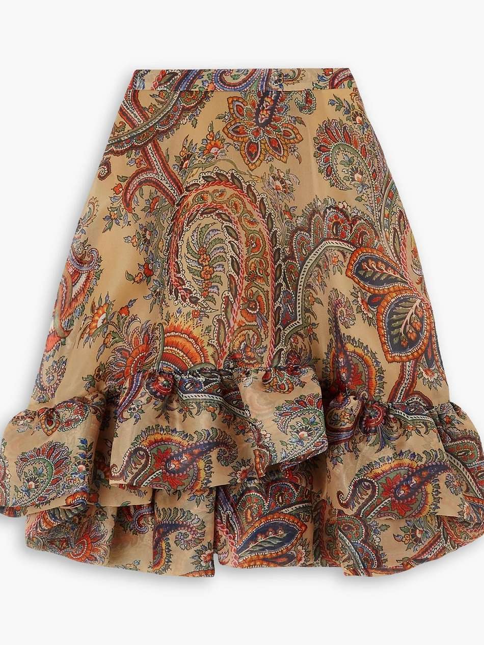 asymmetric paisley-print ruffled organza mini skirt