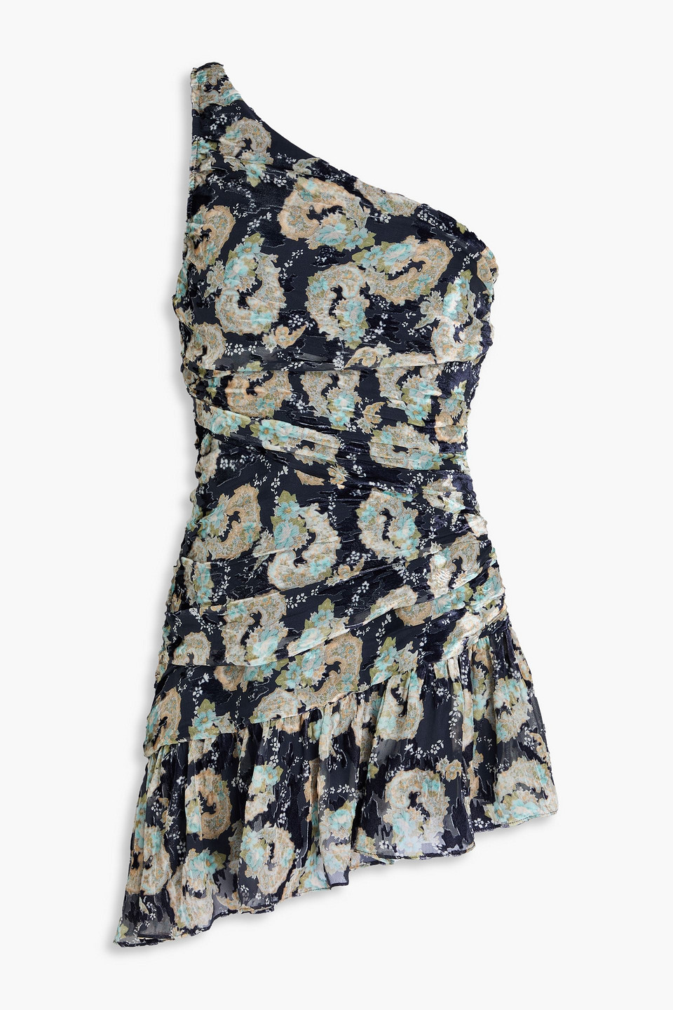 Loveshackfancy Zietta One-shoulder Floral-print Devoré-chiffon Mini Dress In Midnight Blue