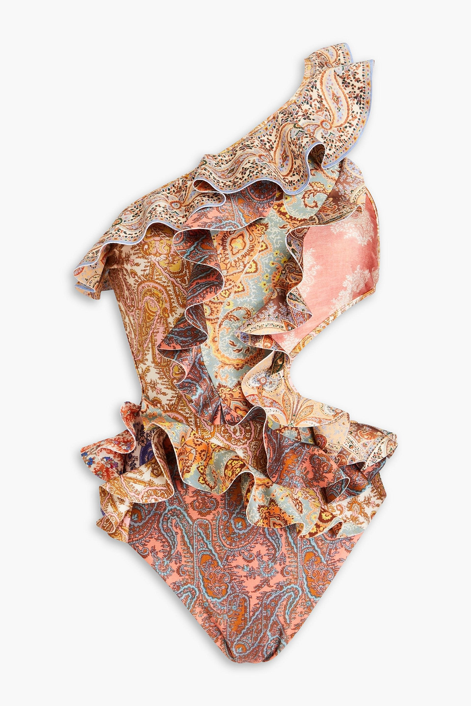 Zimmermann Devi One-shoulder Ruffled Paisley-print Swimsuit In Brown