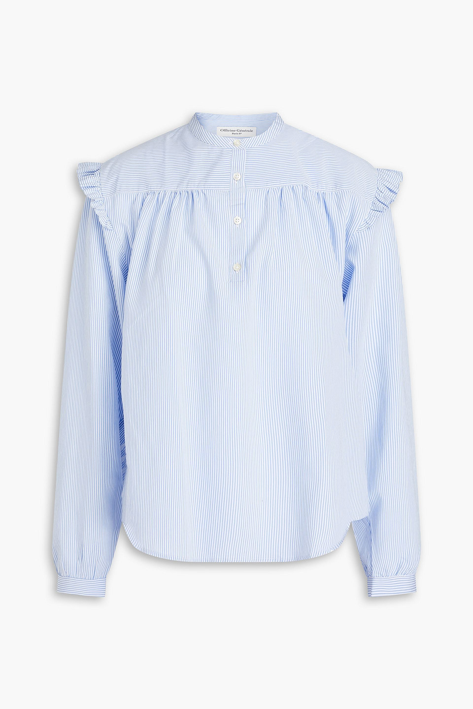 Officine Generale Charline Ruffled Striped Poplin Top In Light Blue