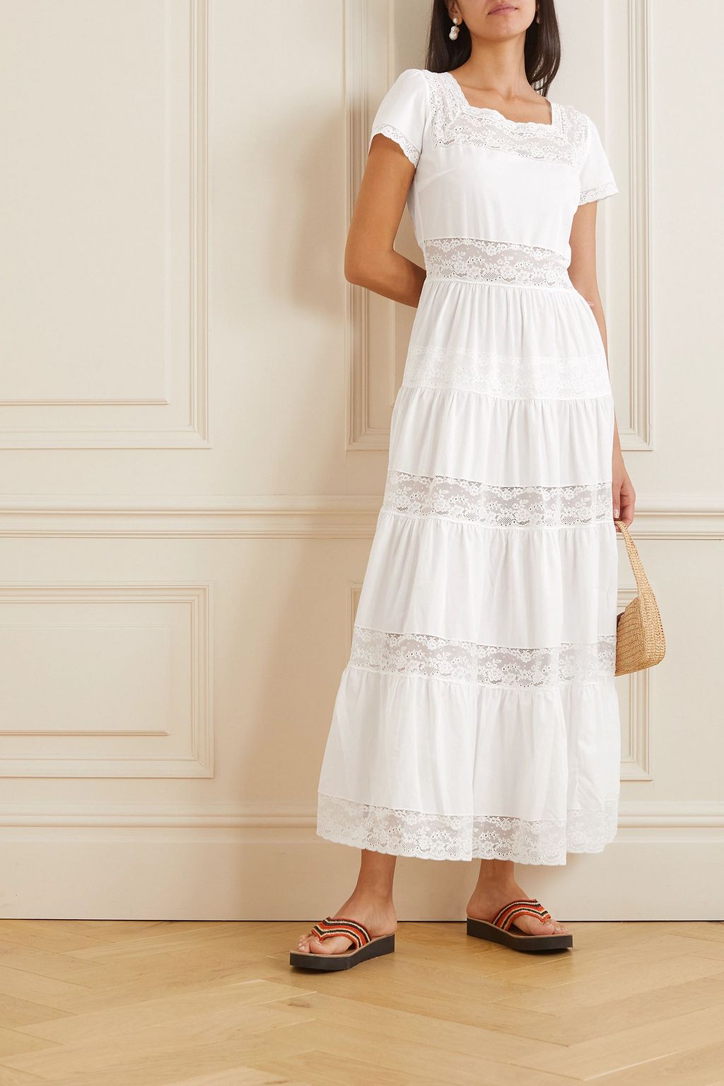 LORETTA CAPONI Lulu lace-trimmed cotton-poplin maxi dress