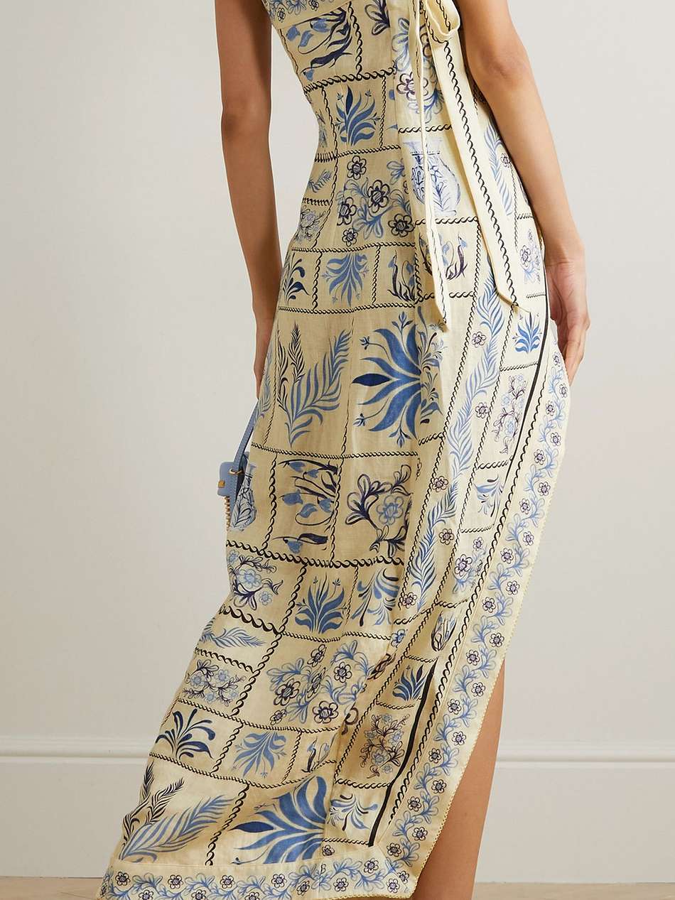 simone tinaja strapless floral-print linen maxi wrap dress