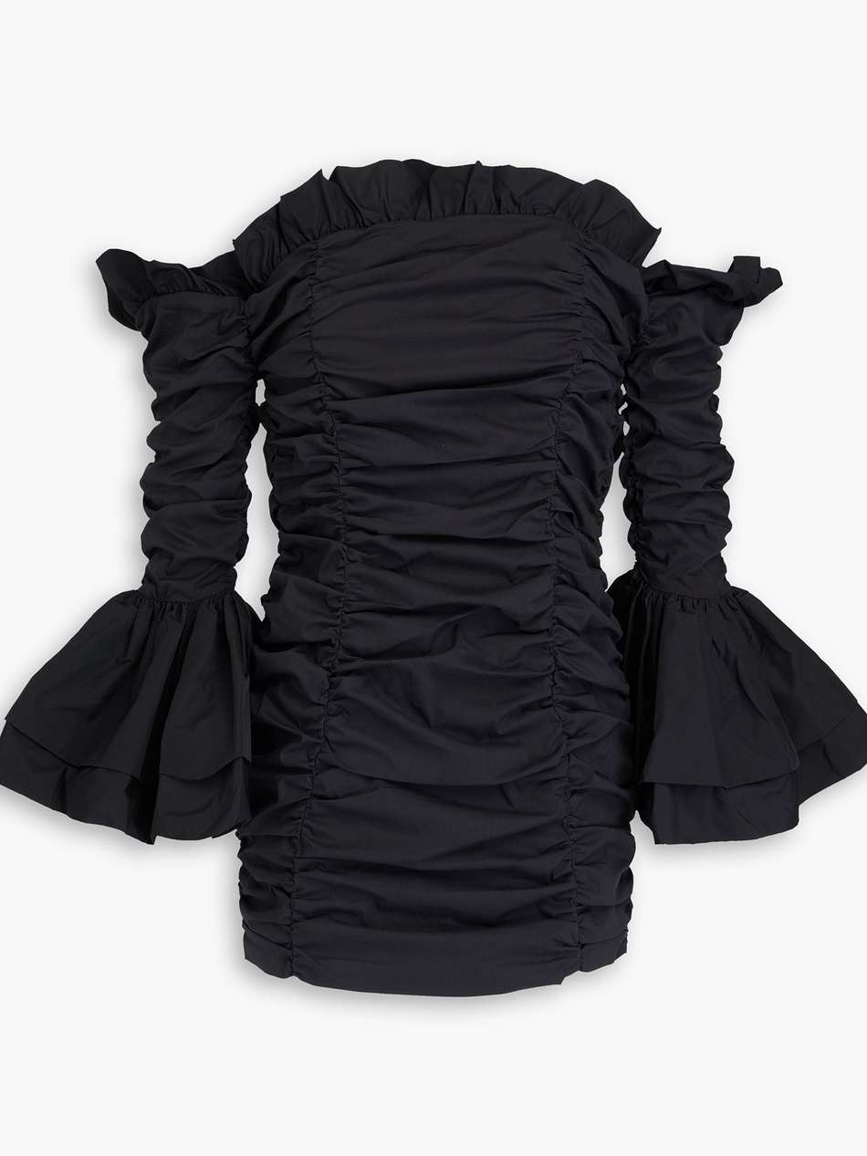 off-the-shoulder ruffled cotton-blend poplin mini dress