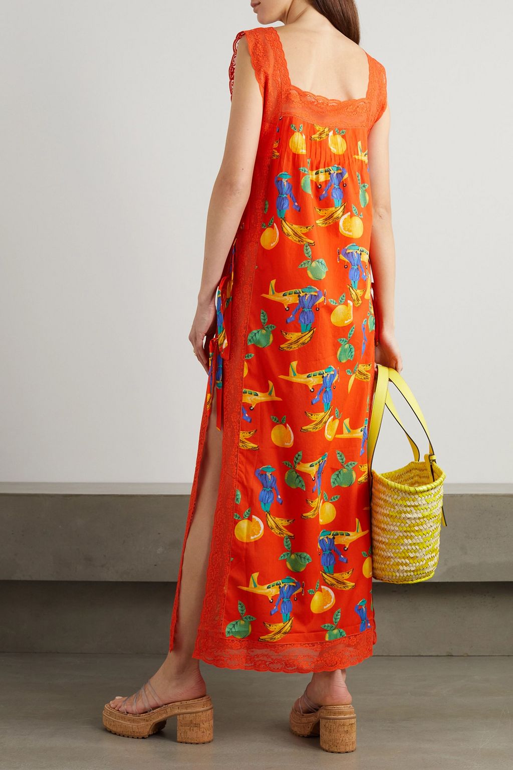 LORETTA CAPONI Fiocchini tie-detailed lace-trimmed printed cotton-voile maxi dress